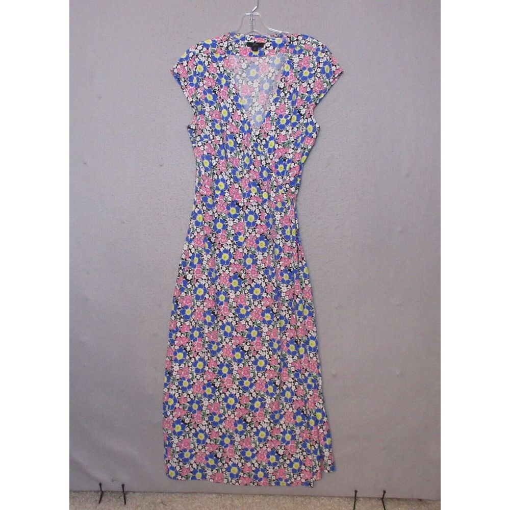 J Crew Wrap Dress Small Floral Midi Soft Rayon Pink Blue Flowers Dainty